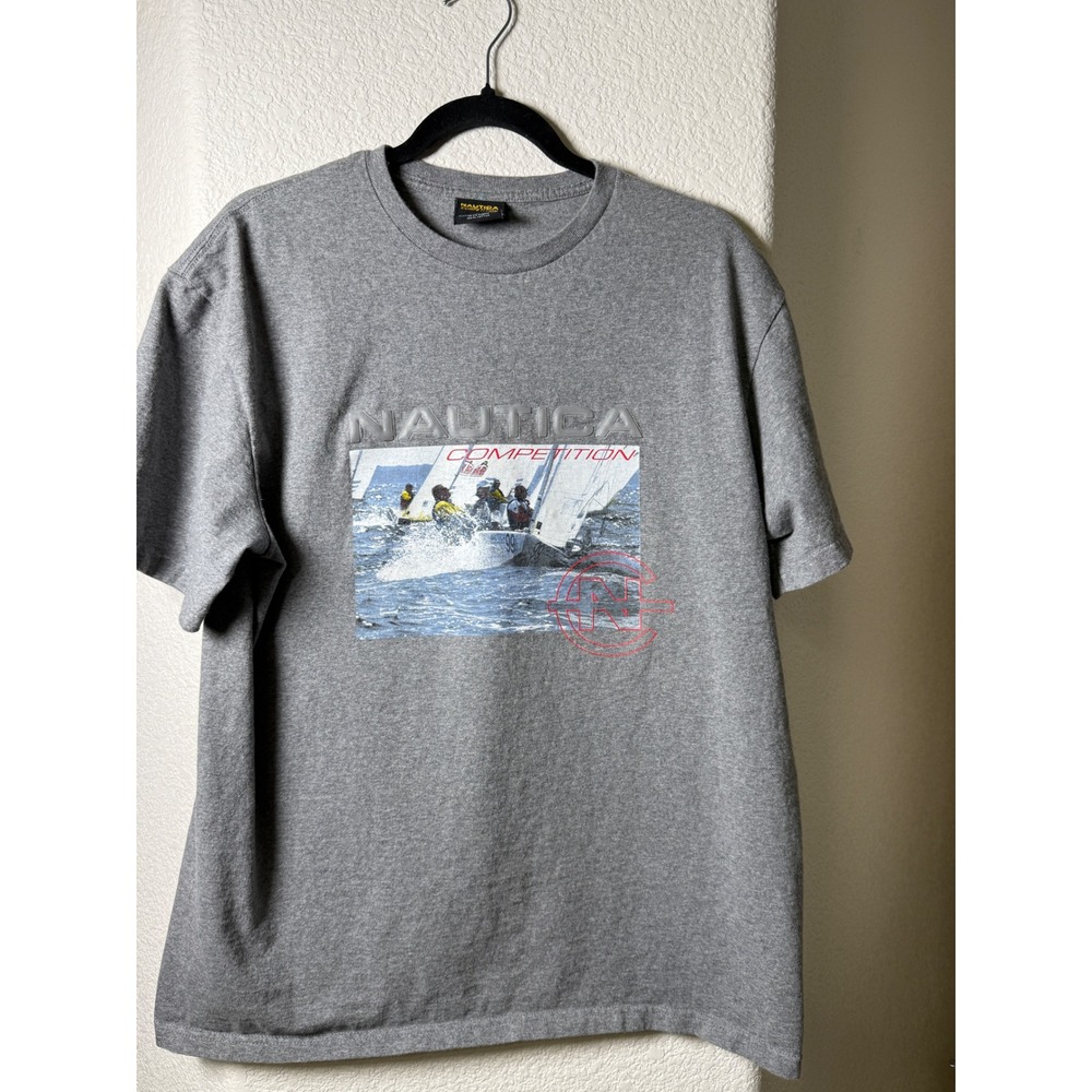 Vintage Nautica Competition Sailboat Graphic T-Shirt Gray Mens Medium 90s Sport
